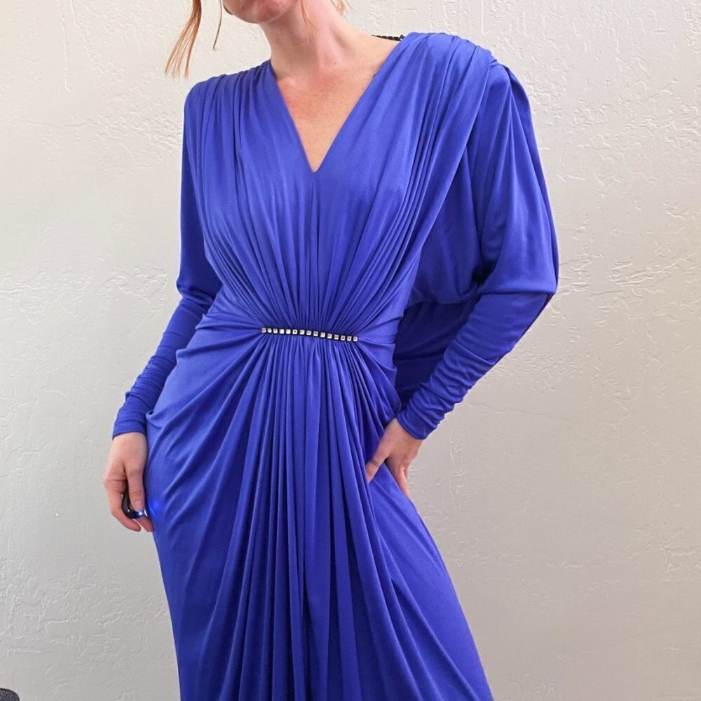 Vintage 1980's Tadashi Shoji Royal Blue Drape Long Sleeve Maxi Gown